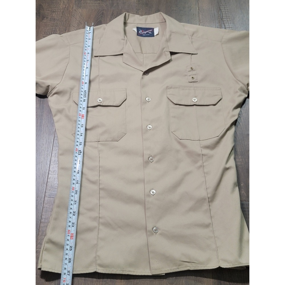 Vintage Conqueror Mens Short Sleeve Uniform Shirt Tan Khaki Creased Workwear USA